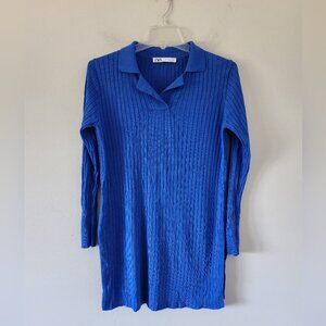 ZARA | Ribbed Tunic Top Polo Collar Royal Blue Sz M